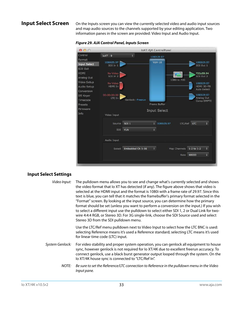 Input select screen, Input select settings | AJA Io4K User Manual | Page 33 / 74