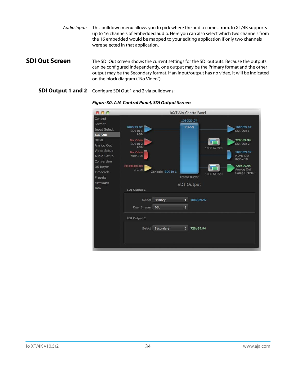Sdi out screen, Sdi output 1 and 2 | AJA Io4K User Manual | Page 34 / 74