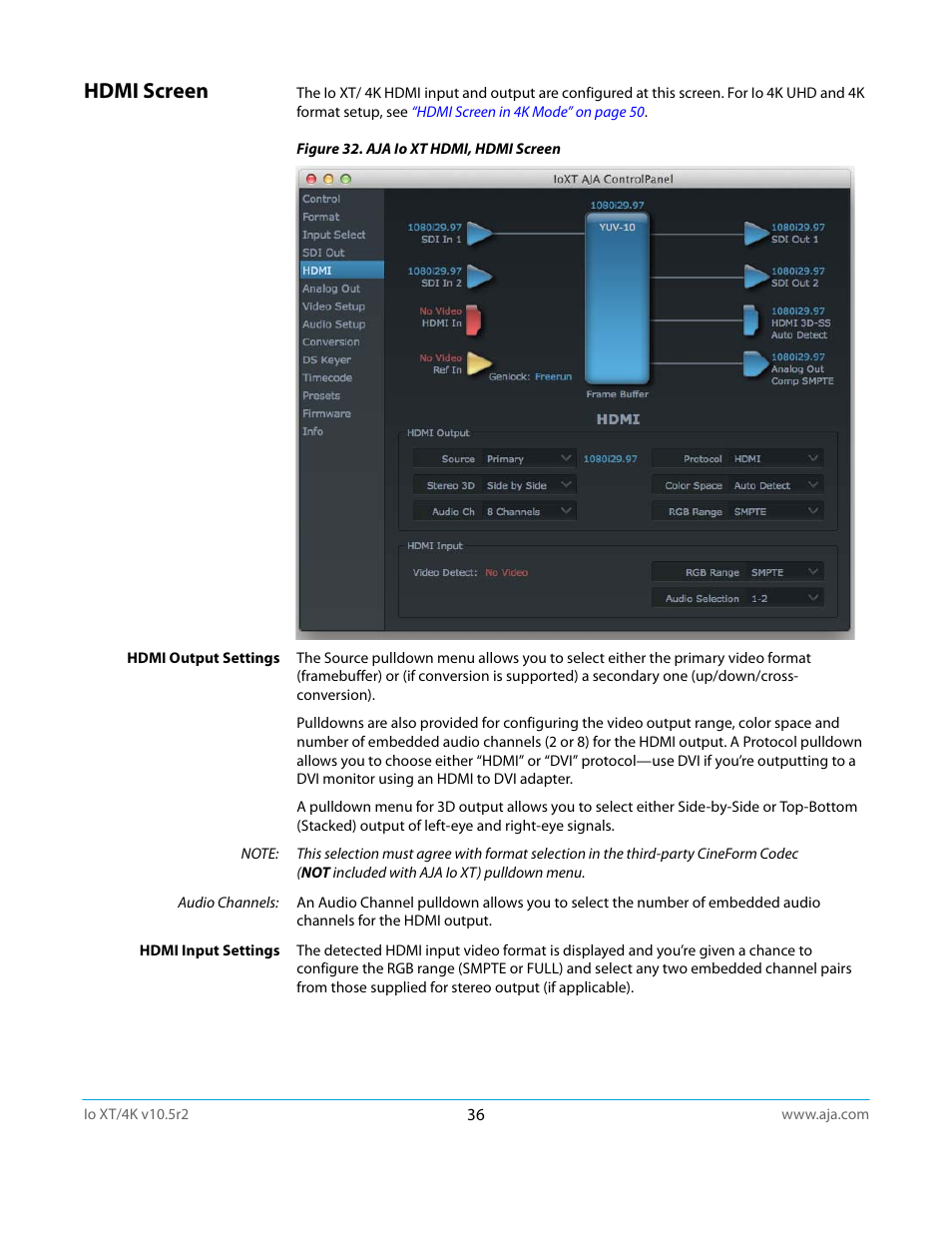 Hdmi screen | AJA Io4K User Manual | Page 36 / 74