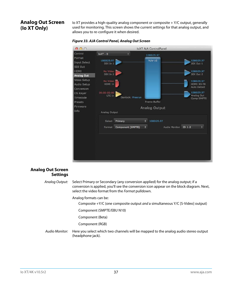 Analog out screen (io xt only), Analog out screen settings | AJA Io4K User Manual | Page 37 / 74