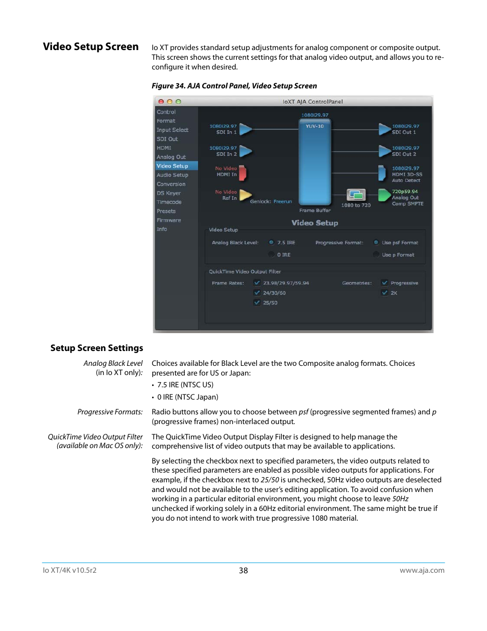 Video setup screen, Setup screen settings | AJA Io4K User Manual | Page 38 / 74