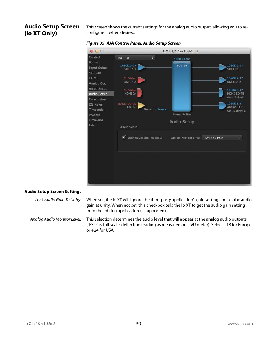 Audio setup screen (io xt only) | AJA Io4K User Manual | Page 39 / 74