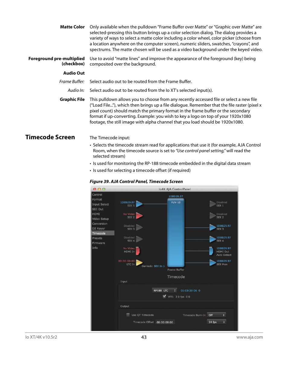 Timecode screen | AJA Io4K User Manual | Page 43 / 74