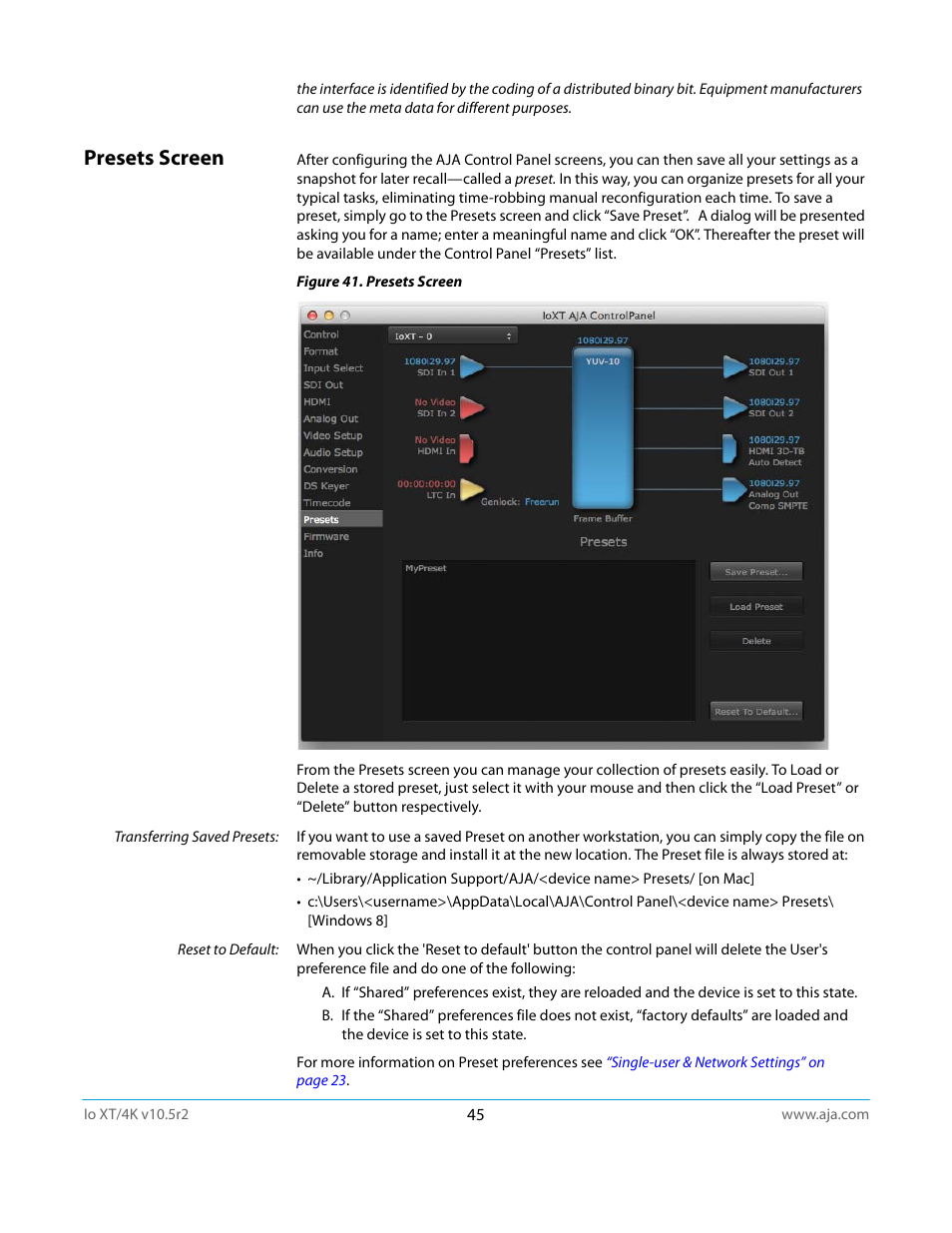 Presets screen | AJA Io4K User Manual | Page 45 / 74