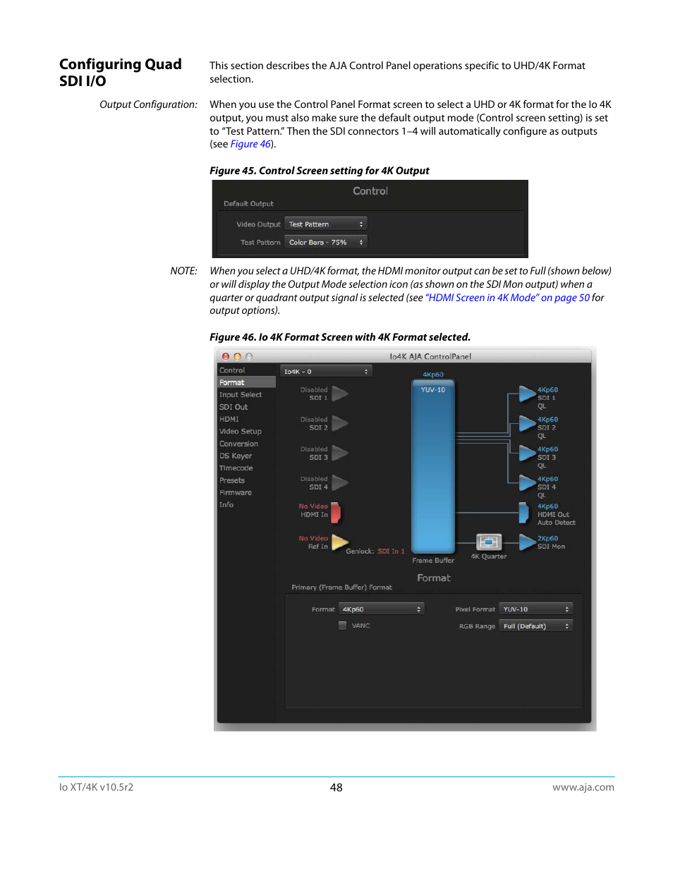 Configuring quad sdi i/o | AJA Io4K User Manual | Page 48 / 74