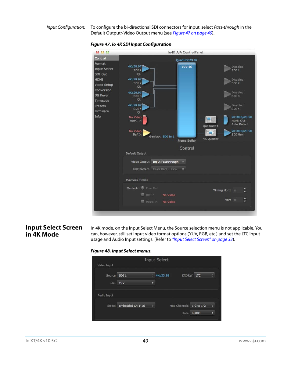 Input select screen in 4k mode | AJA Io4K User Manual | Page 49 / 74