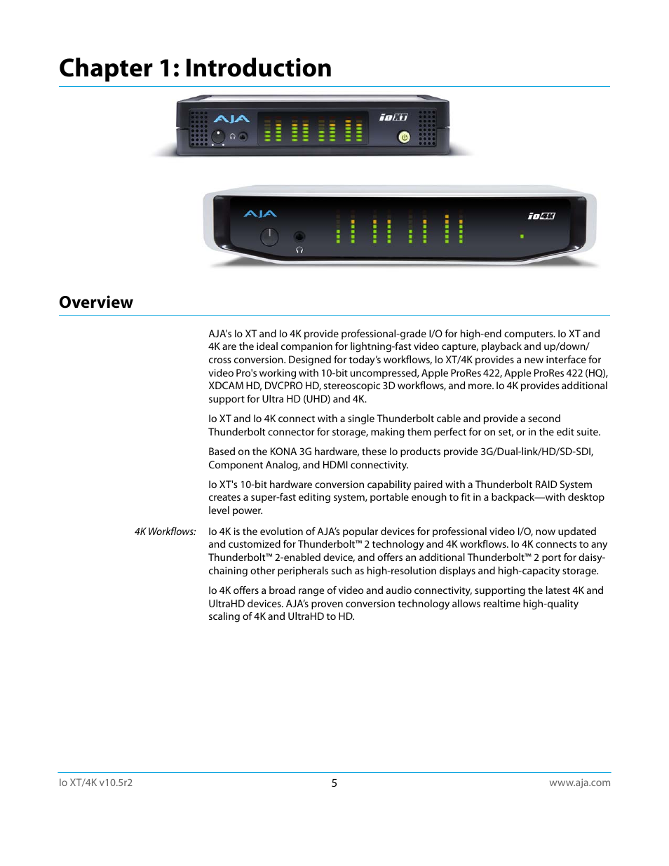 Overview, Chapter 1: introduction | AJA Io4K User Manual | Page 5 / 74