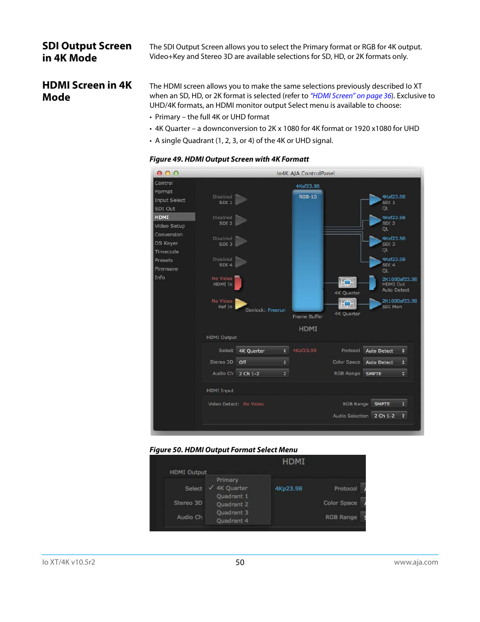 Sdi output screen in 4k mode, Hdmi screen in 4k mode, Ed (see | AJA Io4K User Manual | Page 50 / 74