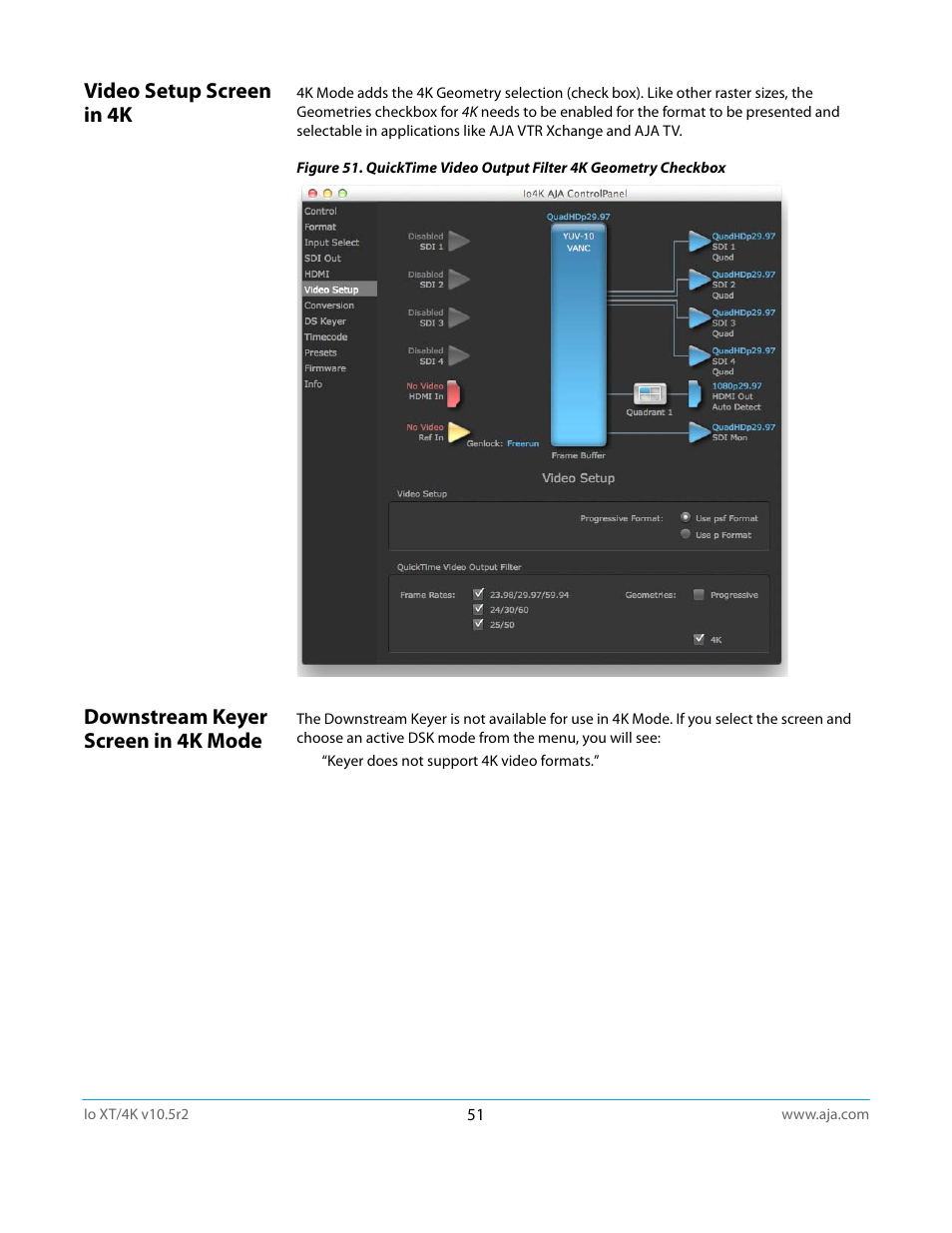 Video setup screen in 4k, Downstream keyer screen in 4k mode | AJA Io4K User Manual | Page 51 / 74