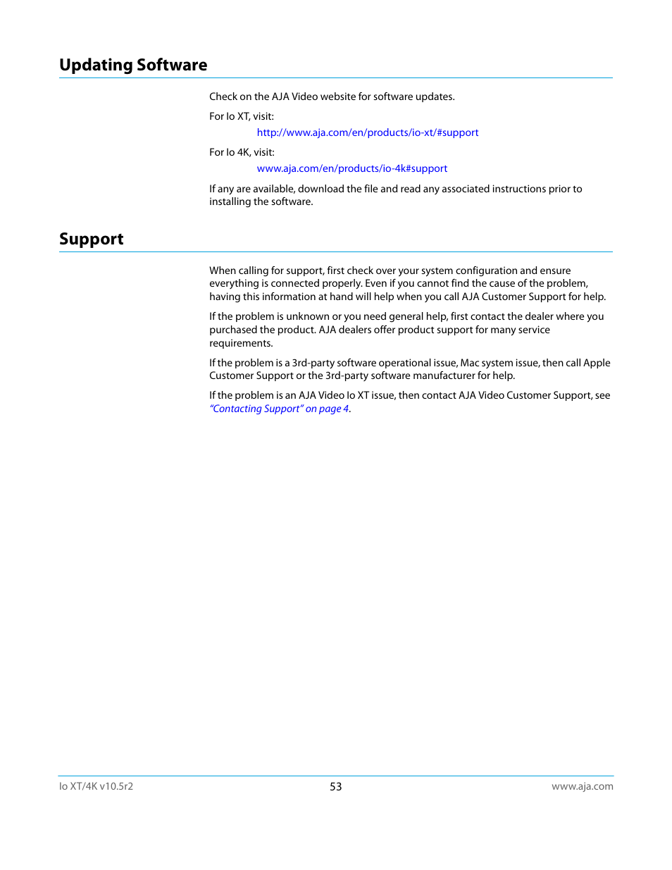 Updating software, Support, Updating software support | AJA Io4K User Manual | Page 53 / 74