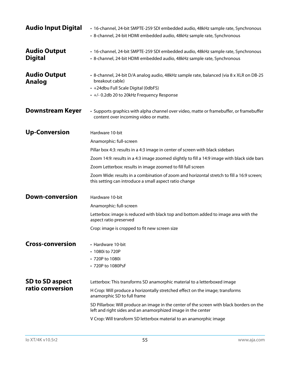 Audio input digital, Audio output digital, Audio output analog | Downstream keyer, Up-conversion, Down-conversion, Cross-conversion, Sd to sd aspect ratio conversion | AJA Io4K User Manual | Page 55 / 74