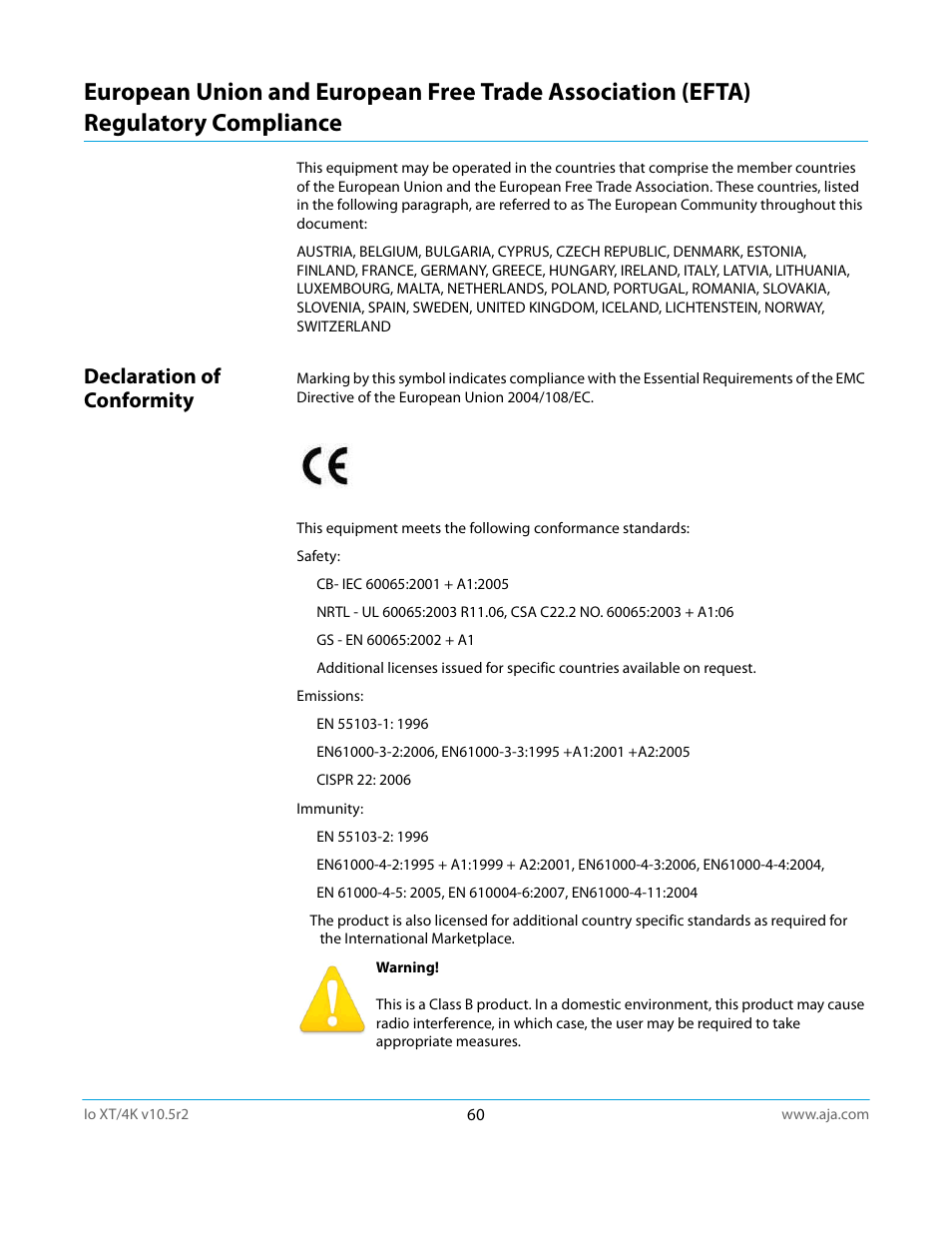 Declaration of conformity | AJA Io4K User Manual | Page 60 / 74