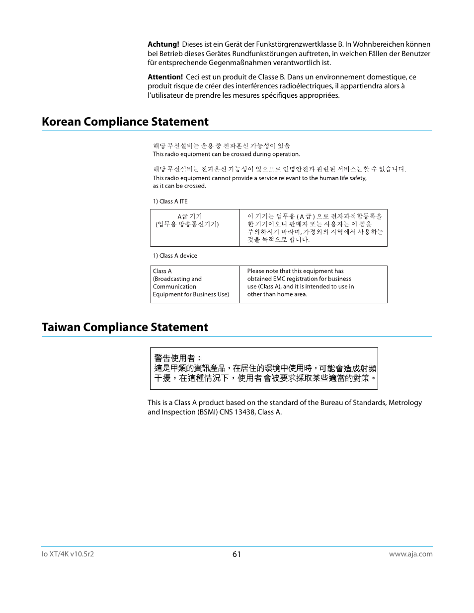 Korean compliance statement, Taiwan compliance statement | AJA Io4K User Manual | Page 61 / 74