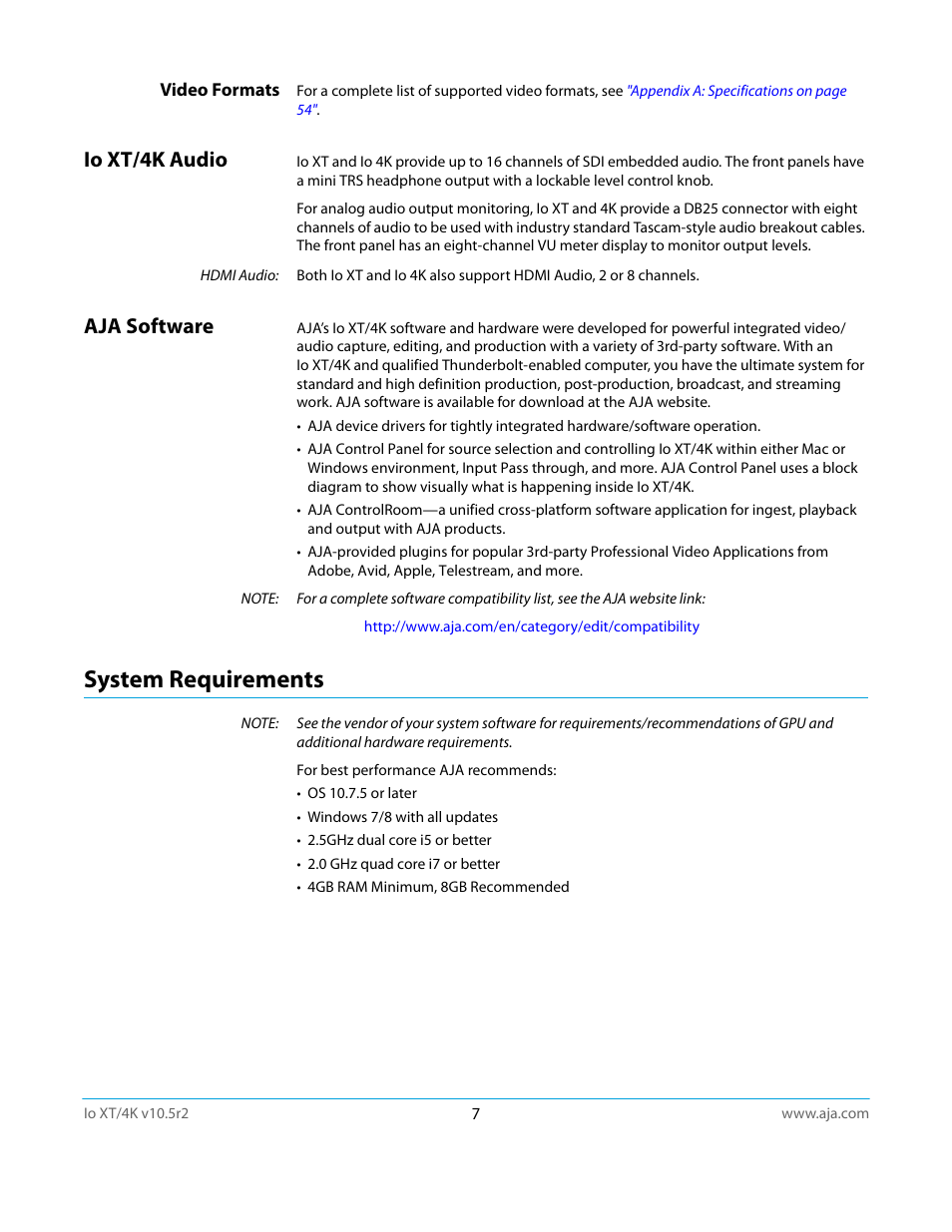Video formats, Io xt/4k audio, Aja software | System requirements, Io xt/4k audio aja software | AJA Io4K User Manual | Page 7 / 74