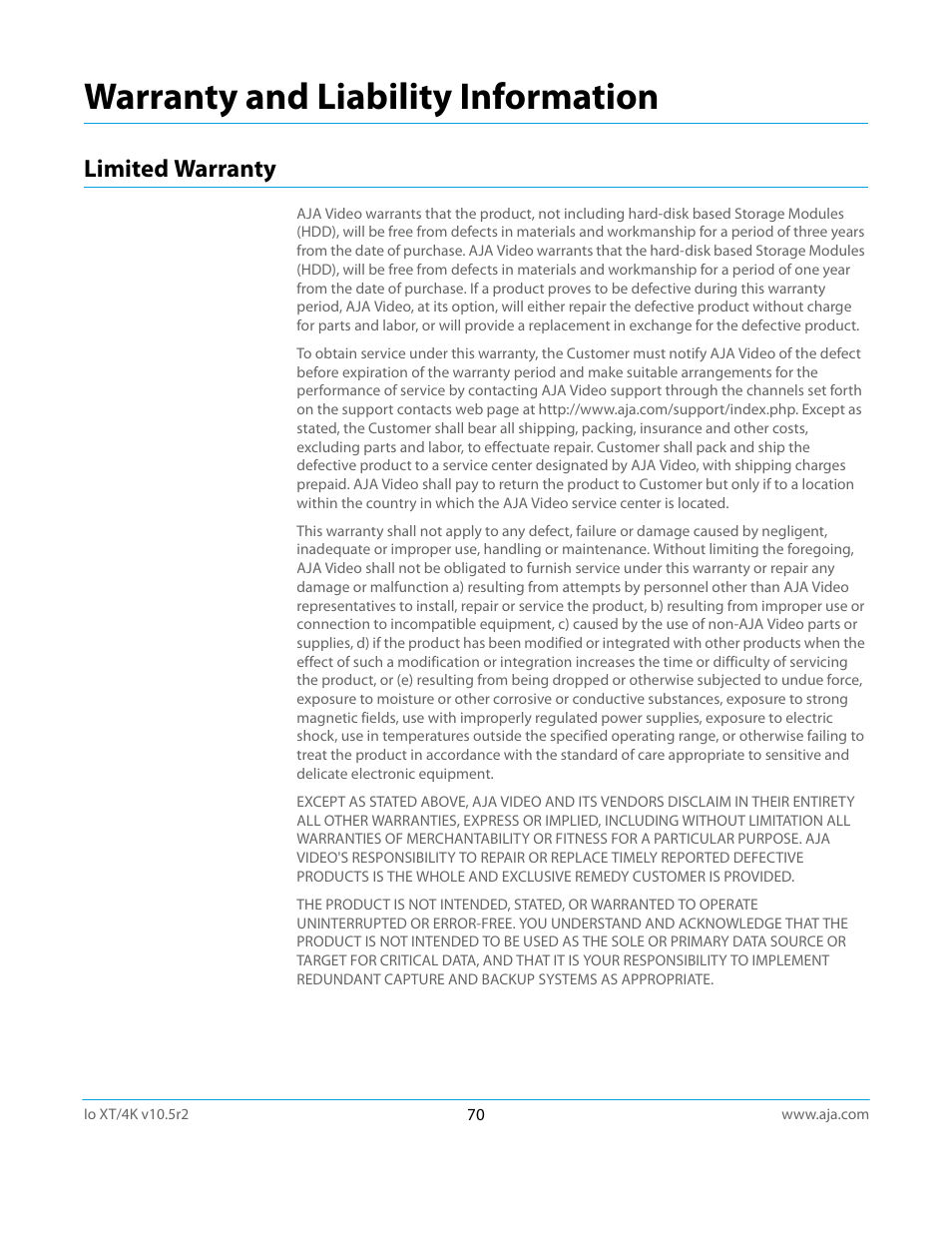 Limited warranty, Warranty and liability information | AJA Io4K User Manual | Page 70 / 74