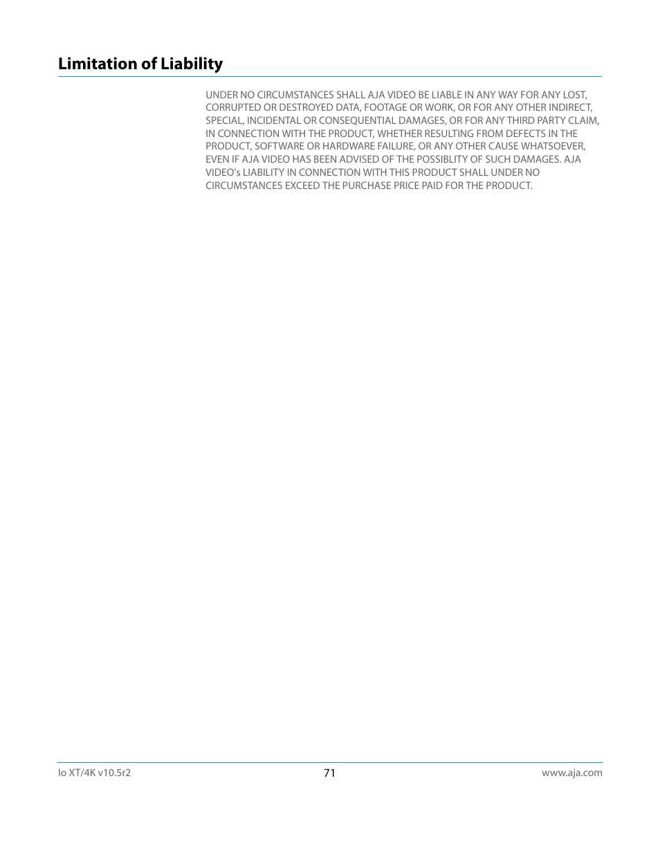 Limitation of liability | AJA Io4K User Manual | Page 71 / 74