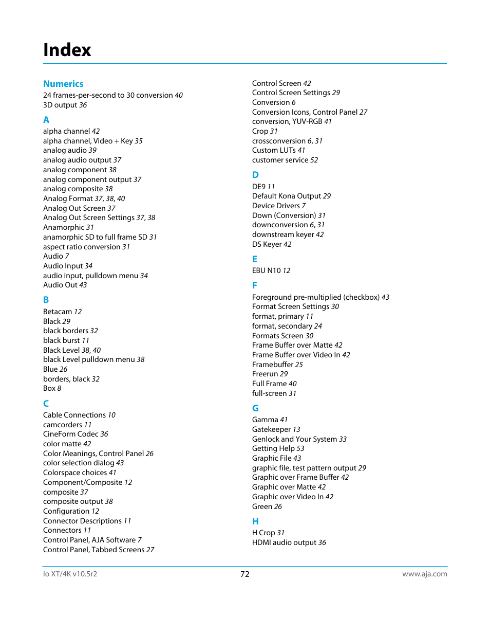 Index | AJA Io4K User Manual | Page 72 / 74