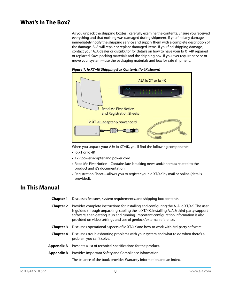 What’s in the box, In this manual, What’s in the box? in this manual | AJA Io4K User Manual | Page 8 / 74