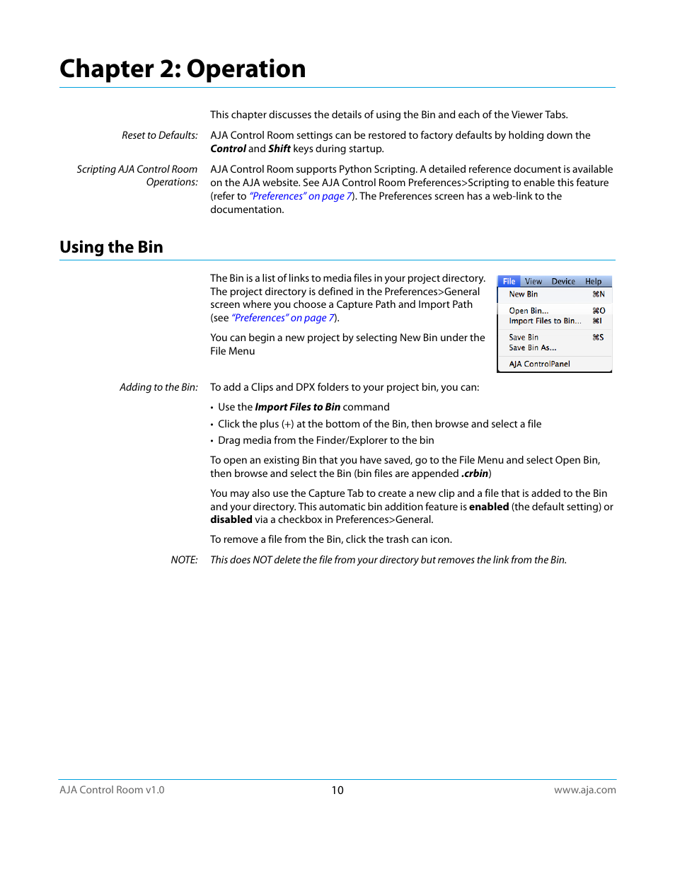 Using the bin, Chapter 2: operation | AJA Control Room User Manual | Page 10 / 25