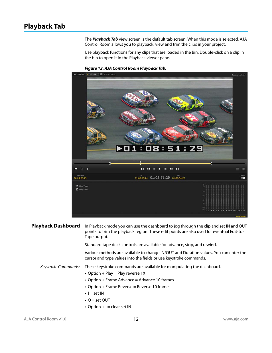 Playback tab, Playback dashboard | AJA Control Room User Manual | Page 12 / 25