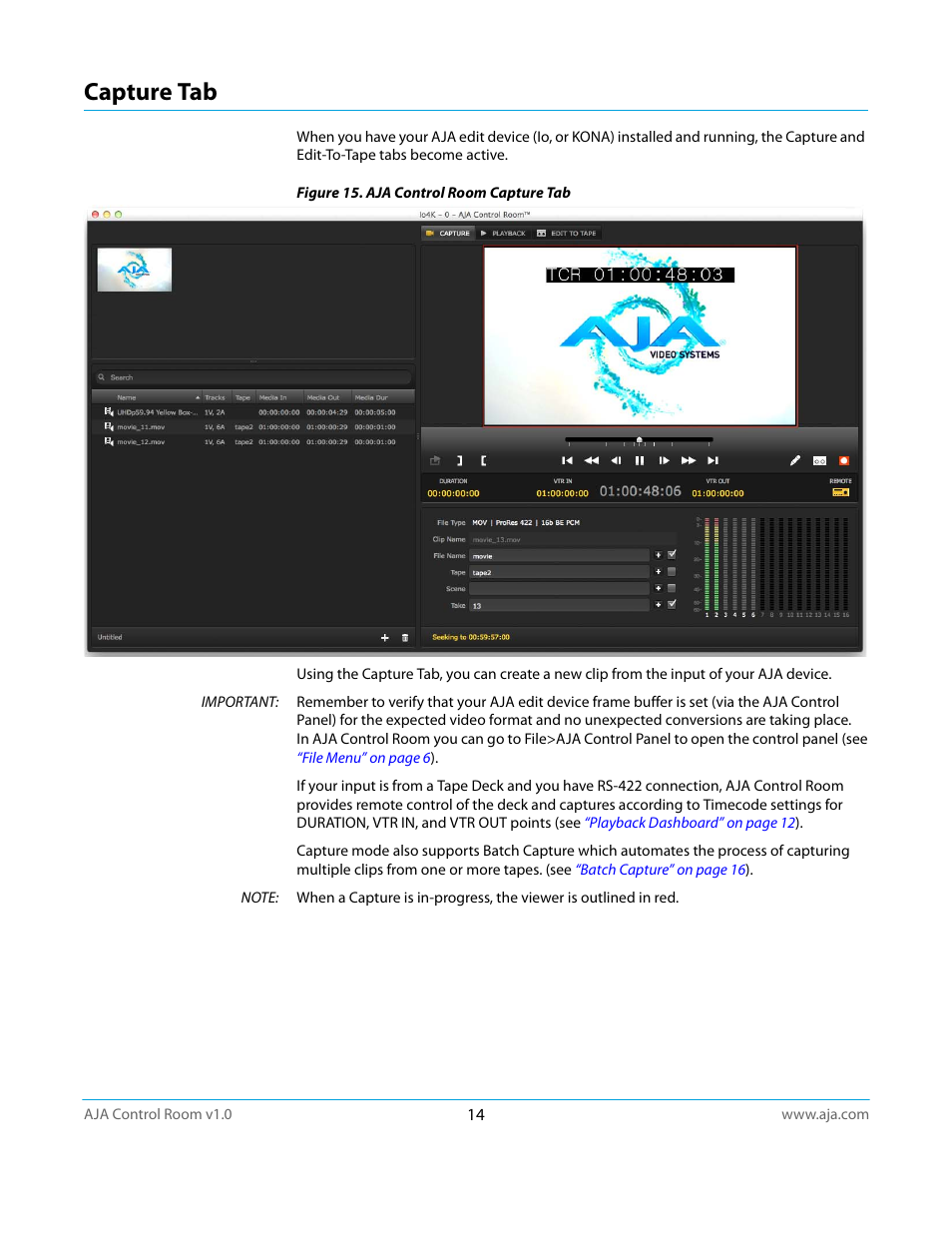 Capture tab | AJA Control Room User Manual | Page 14 / 25