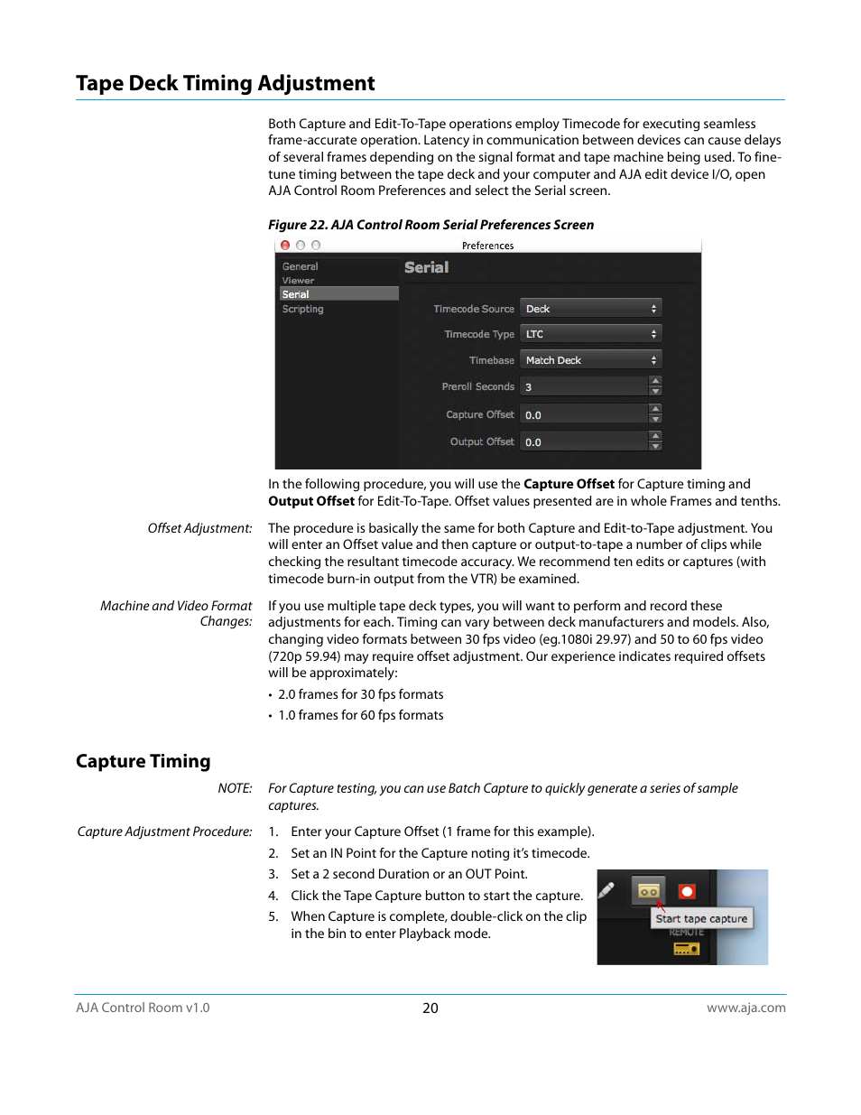 Tape deck timing adjustment, Capture timing | AJA Control Room User Manual | Page 20 / 25