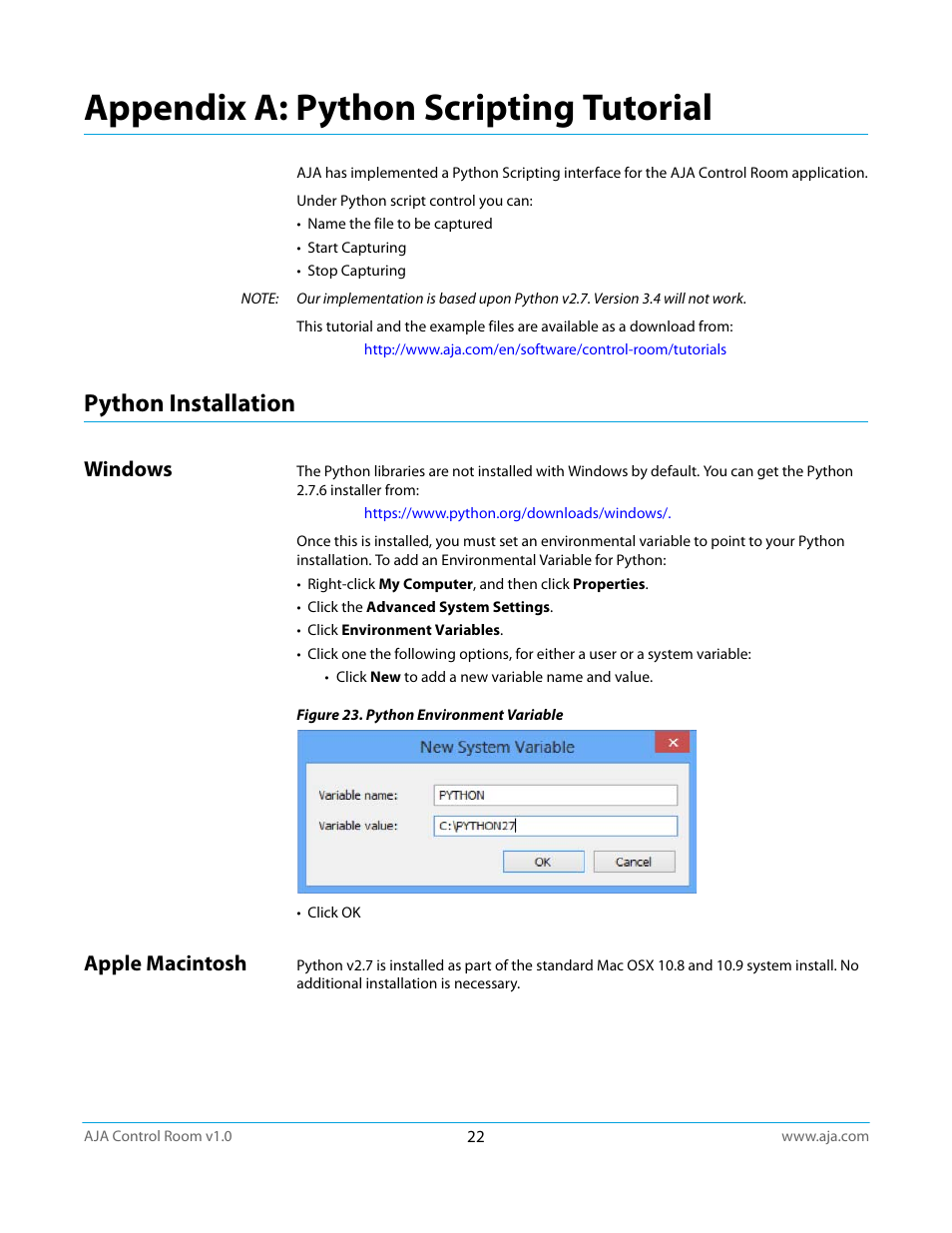 Python installation, Windows, Apple macintosh | Appendix a: python scripting tutorial, Windows apple macintosh | AJA Control Room User Manual | Page 22 / 25