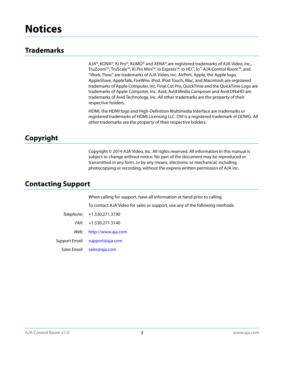 Trademarks, Copyright, Contacting support | Notices, Trademarks copyright contacting support | AJA Control Room User Manual | Page 3 / 25