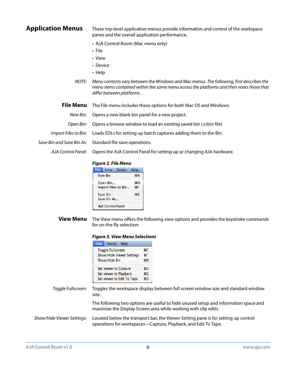 Application menus, File menu, View menu | AJA Control Room User Manual | Page 6 / 25