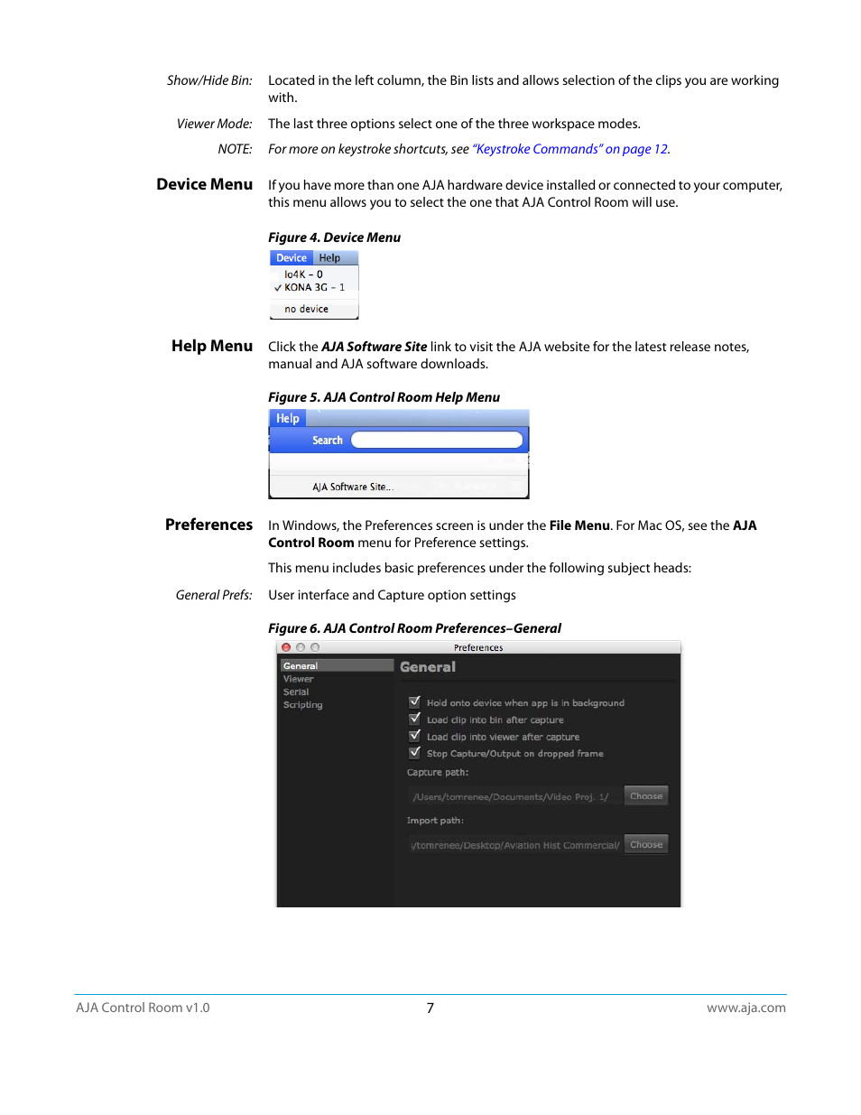 Device menu, Help menu, Preferences | AJA Control Room User Manual | Page 7 / 25