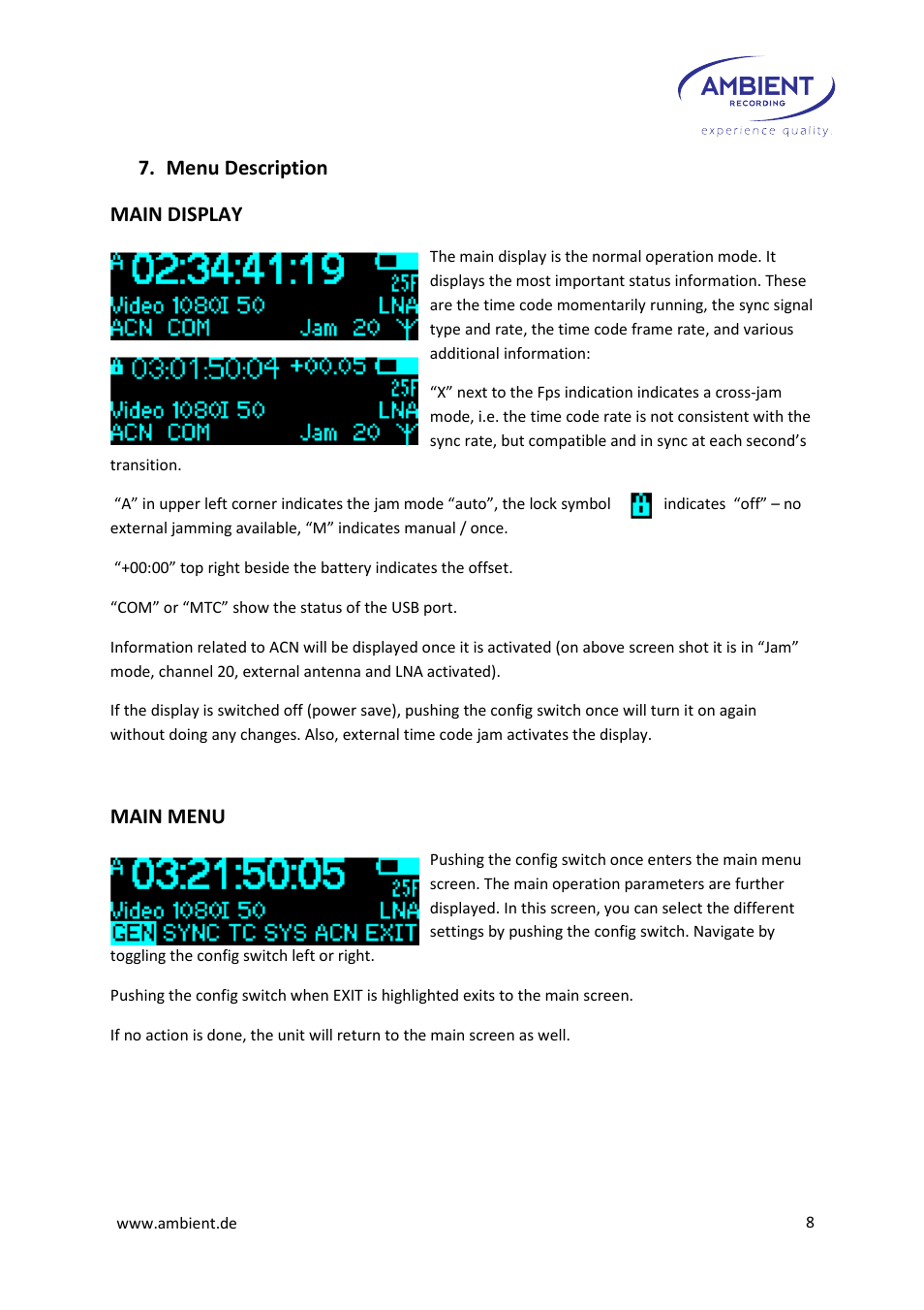 Menu description main display, Main menu | Ambient Lockit - ACL 204 User Manual | Page 10 / 32