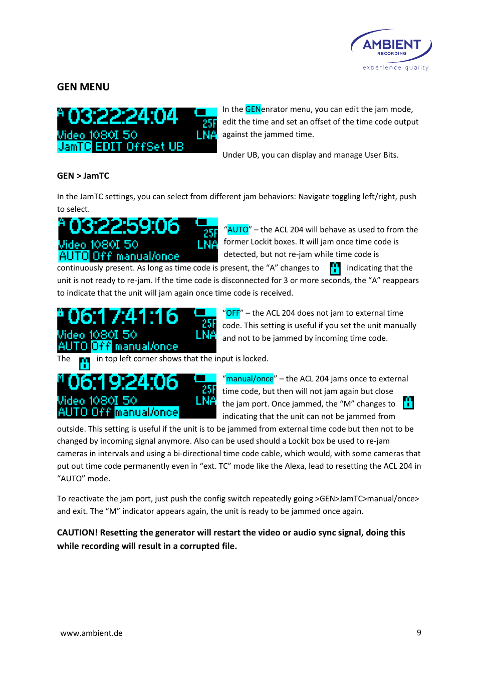 Gen menu | Ambient Lockit - ACL 204 User Manual | Page 11 / 32