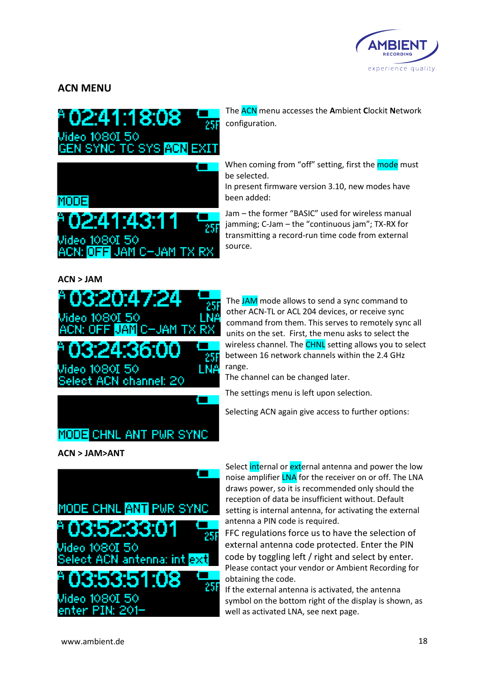 Acn menu | Ambient Lockit - ACL 204 User Manual | Page 20 / 32