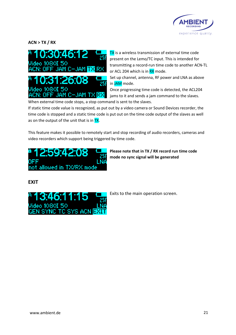 Exit | Ambient Lockit - ACL 204 User Manual | Page 23 / 32
