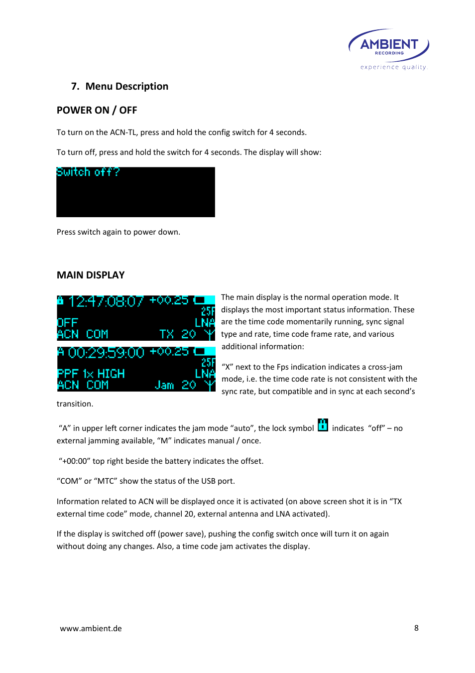 Menu description power on / off, Main display | Ambient Tiny Lockit - ACN TL User Manual | Page 10 / 32
