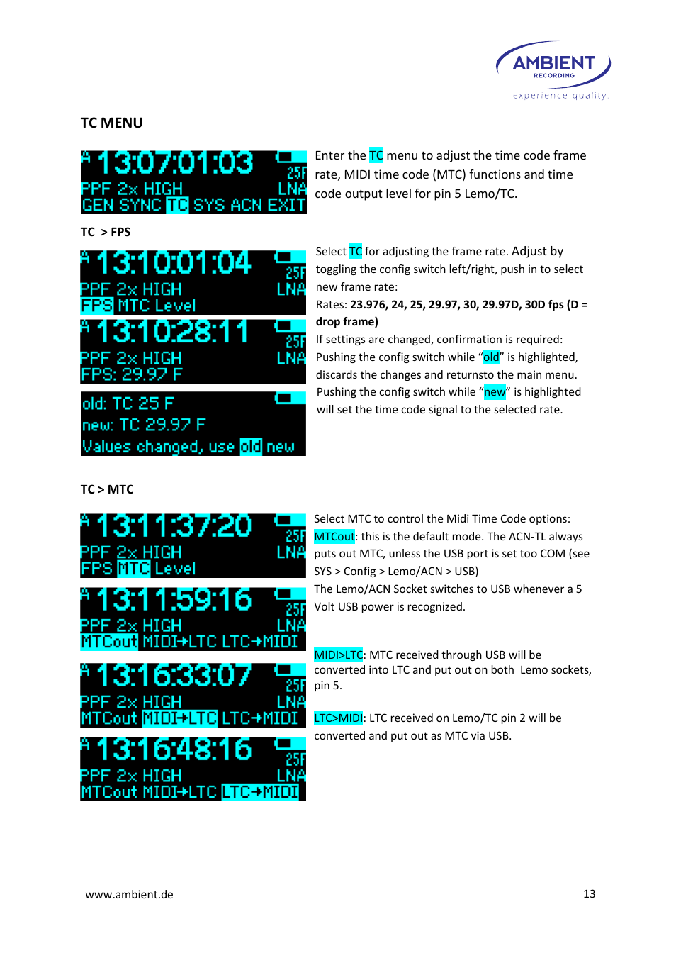 Tc menu | Ambient Tiny Lockit - ACN TL User Manual | Page 15 / 32