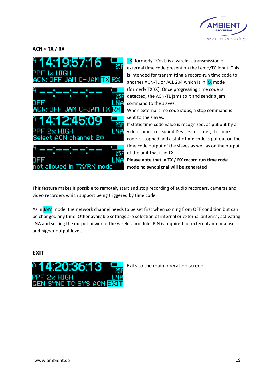 Exit | Ambient Tiny Lockit - ACN TL User Manual | Page 21 / 32