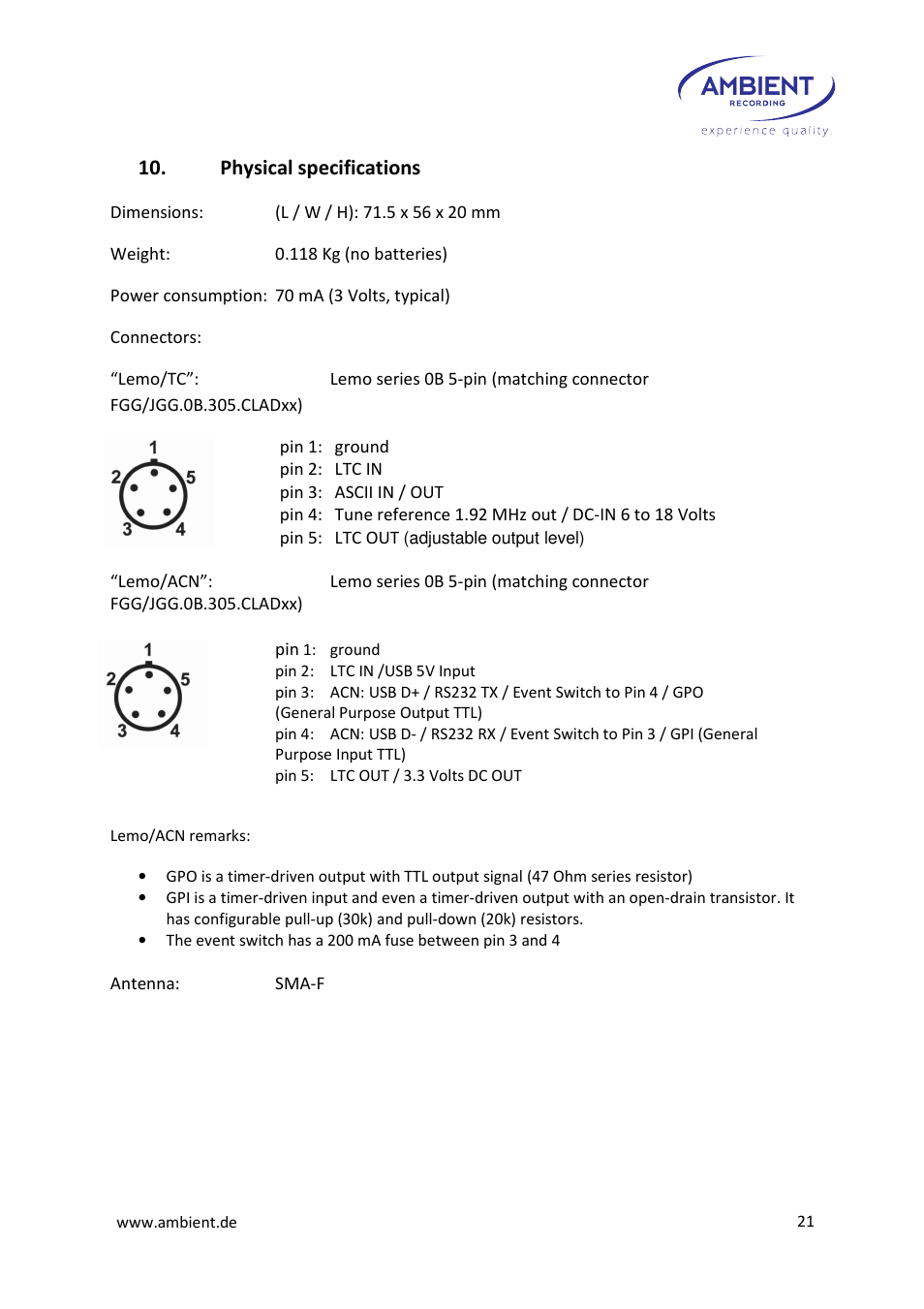Physical specifications | Ambient Tiny Lockit - ACN TL User Manual | Page 23 / 32