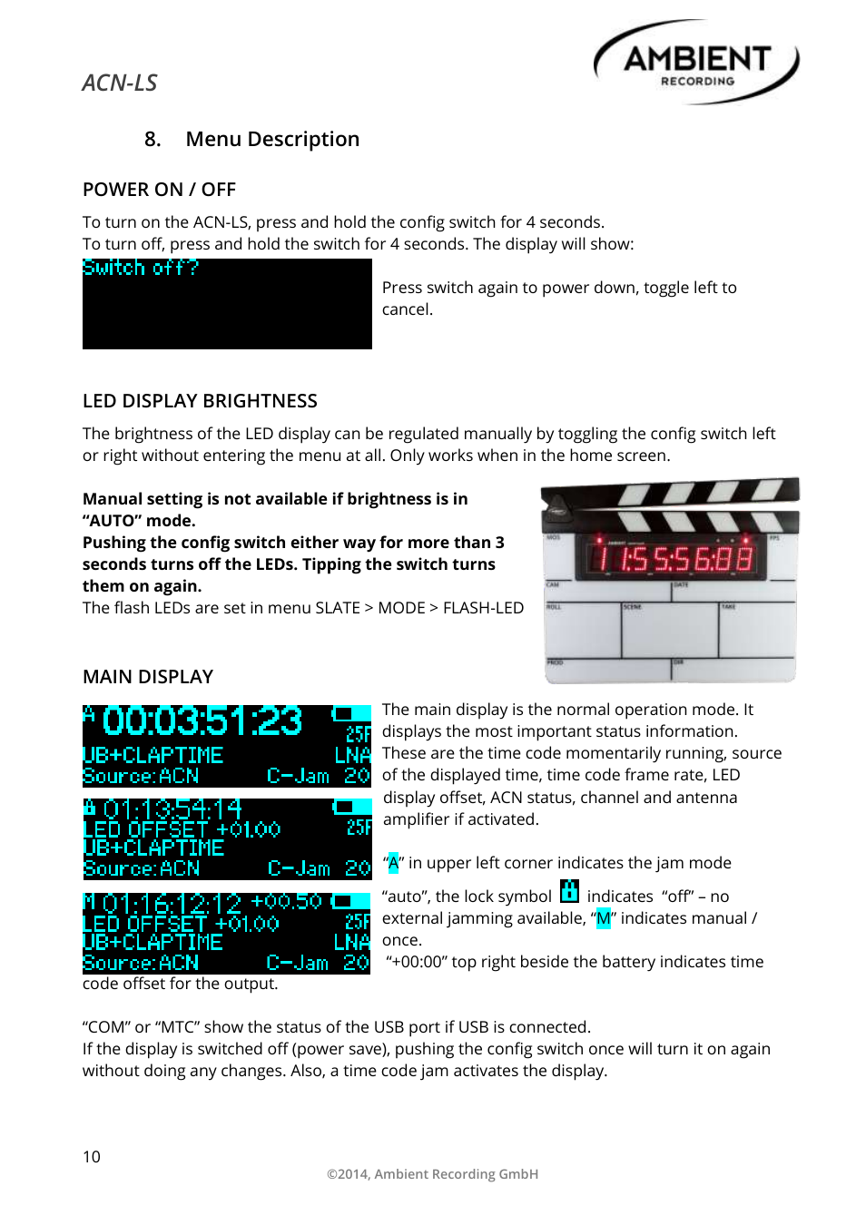 Menu description, Power on / off, Led display brightness | Main display, Acn-ls | Ambient Lockit Slate, ACN-LS User Manual | Page 12 / 32