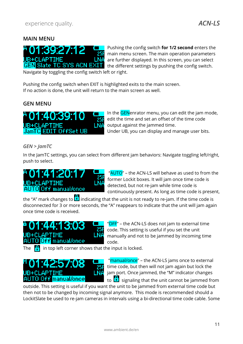 Main menu, Gen menu, Gen > jamtc | Acn-ls | Ambient Lockit Slate, ACN-LS User Manual | Page 13 / 32