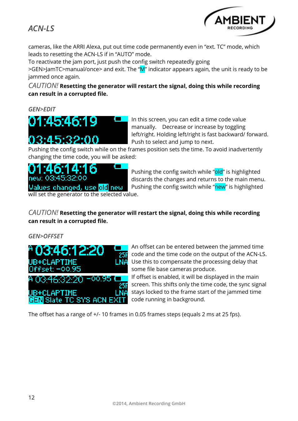 Gen>edit, Gen>offset, Acn-ls | Caution | Ambient Lockit Slate, ACN-LS User Manual | Page 14 / 32