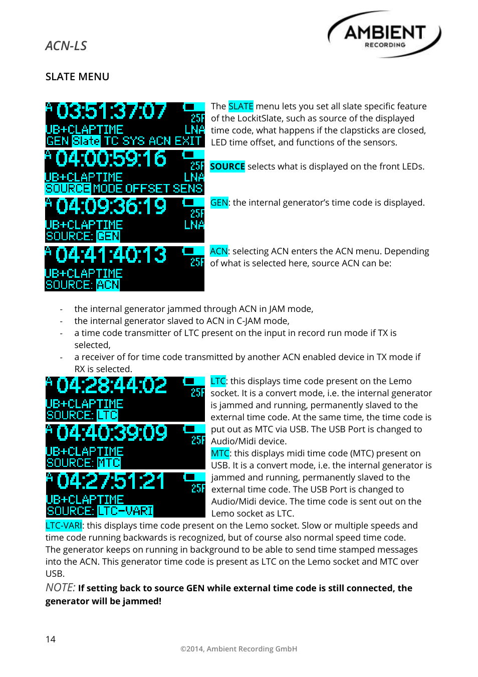 Slate menu, Acn-ls | Ambient Lockit Slate, ACN-LS User Manual | Page 16 / 32