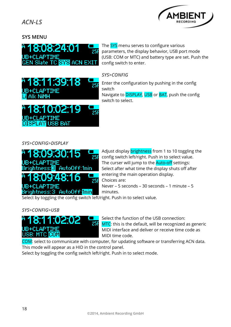 Sys menu, Sys>config, Sys>config>display | Sys>config>usb, Acn-ls | Ambient Lockit Slate, ACN-LS User Manual | Page 20 / 32