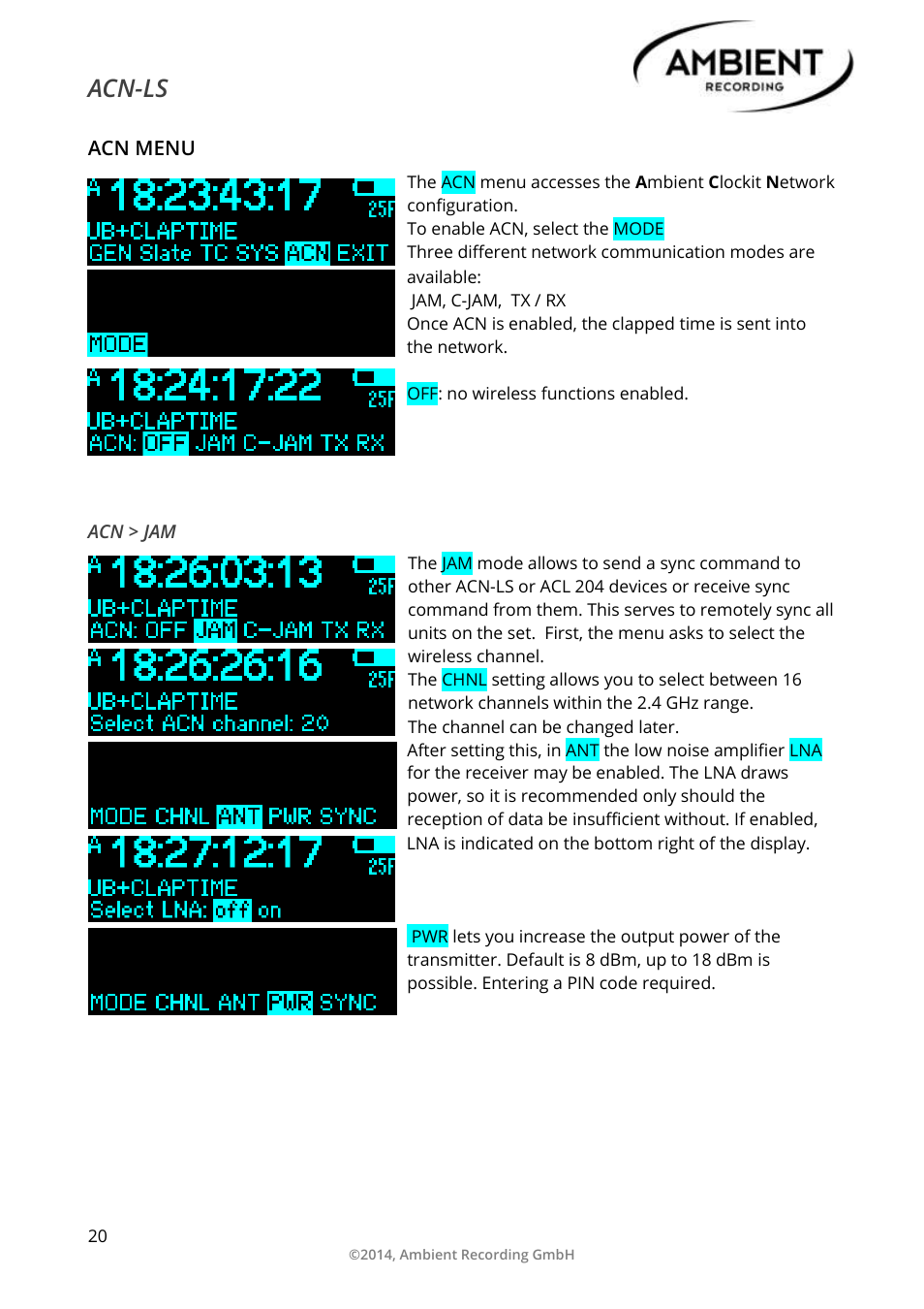 Acn menu, Acn > jam, Acn-ls | Ambient Lockit Slate, ACN-LS User Manual | Page 22 / 32