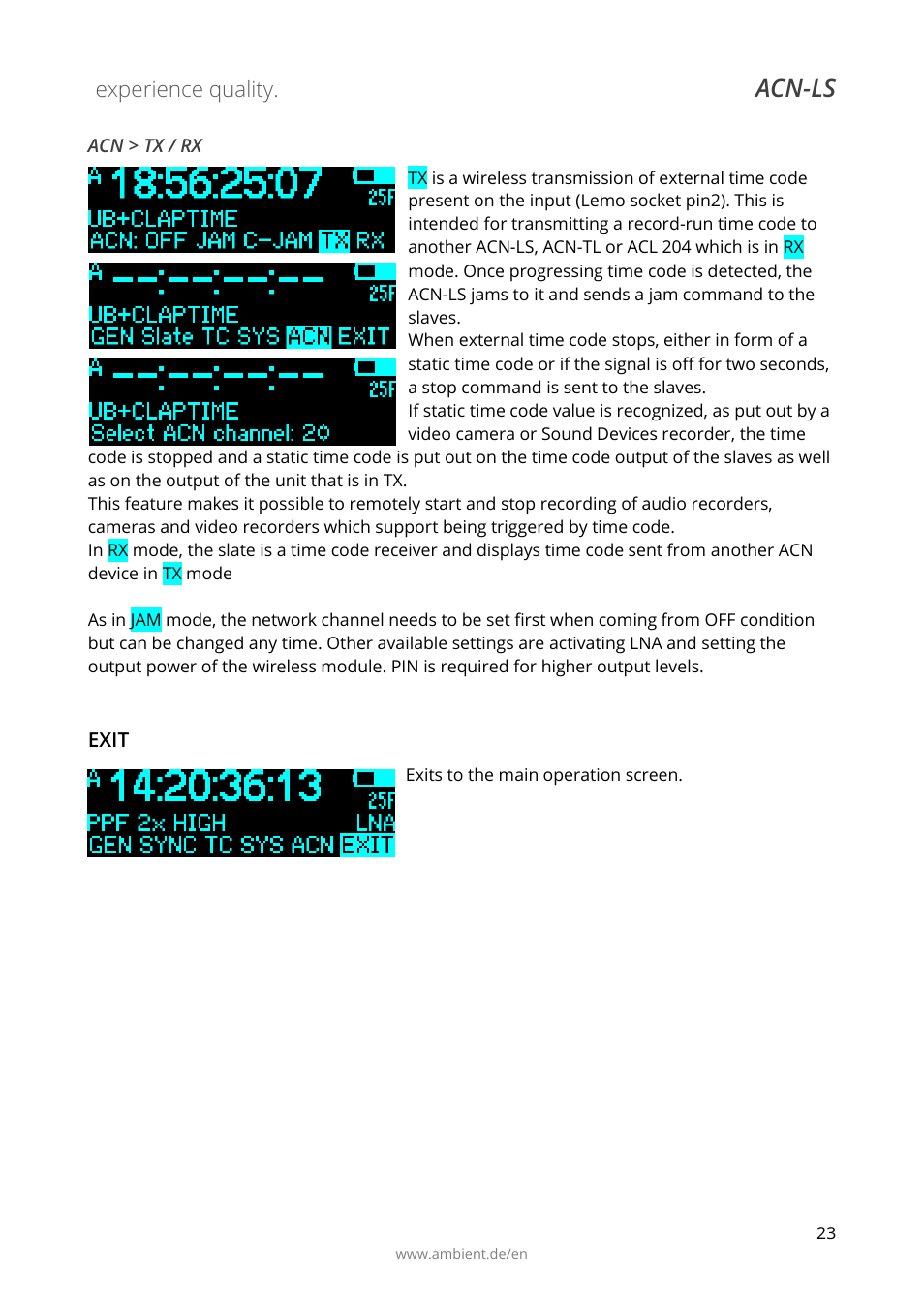 Acn > tx / rx, Exit, Acn-ls | Ambient Lockit Slate, ACN-LS User Manual | Page 25 / 32