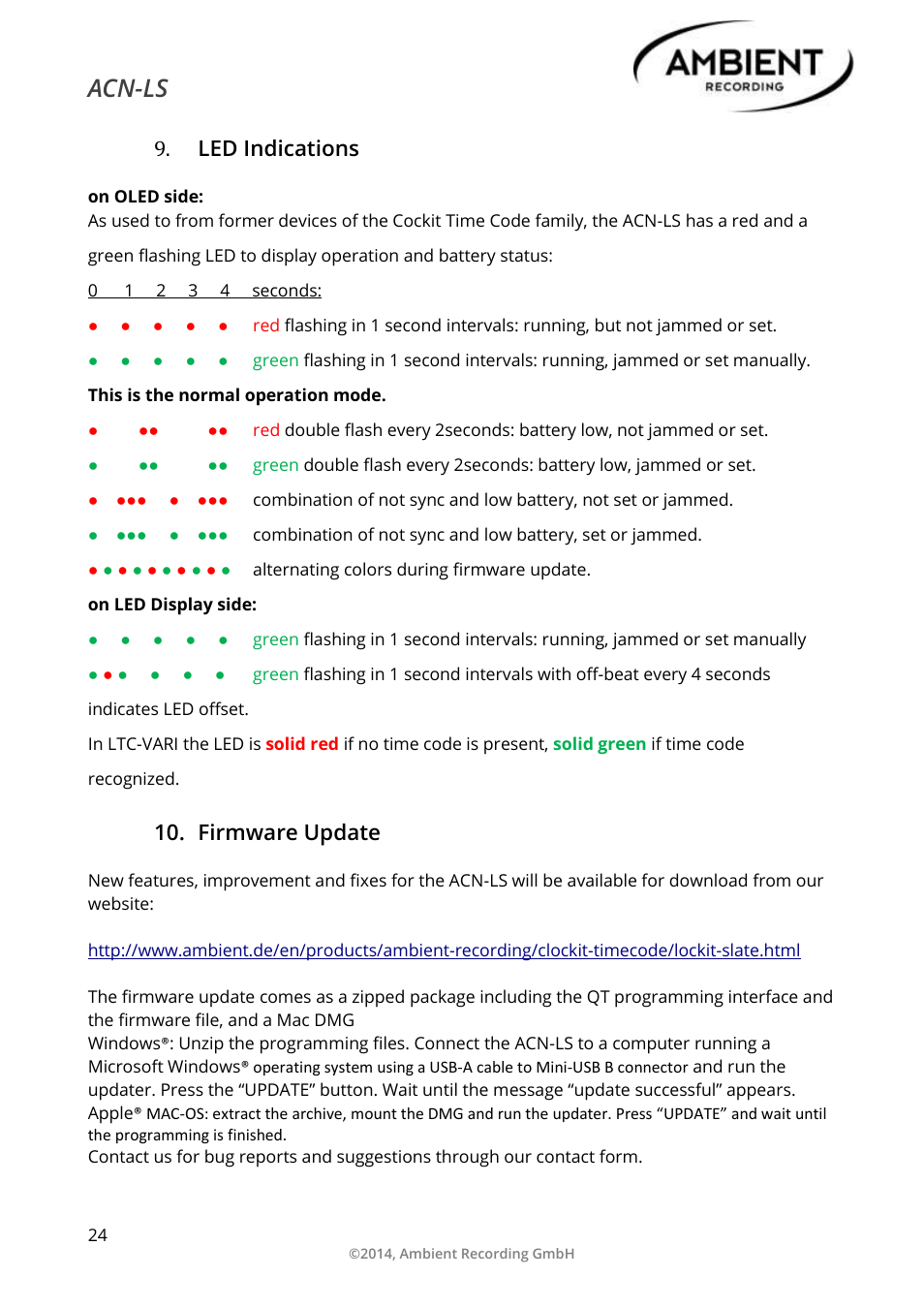 Led indications, Firmware update, Acn-ls | Ambient Lockit Slate, ACN-LS User Manual | Page 26 / 32
