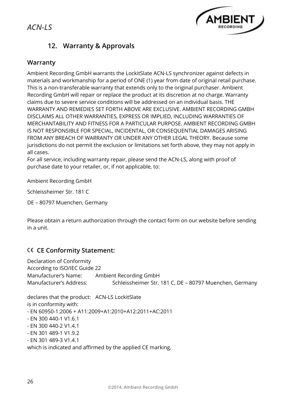 Warranty & approvals, Warranty, Ce conformity statement | Acn-ls | Ambient Lockit Slate, ACN-LS User Manual | Page 28 / 32