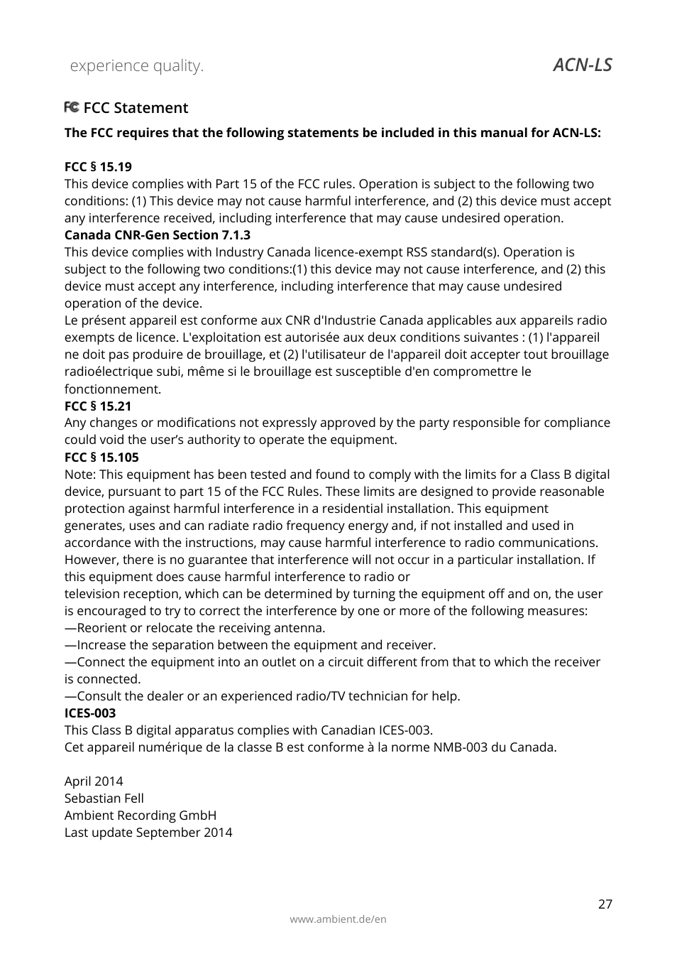 Fcc statement, Acn-ls | Ambient Lockit Slate, ACN-LS User Manual | Page 29 / 32