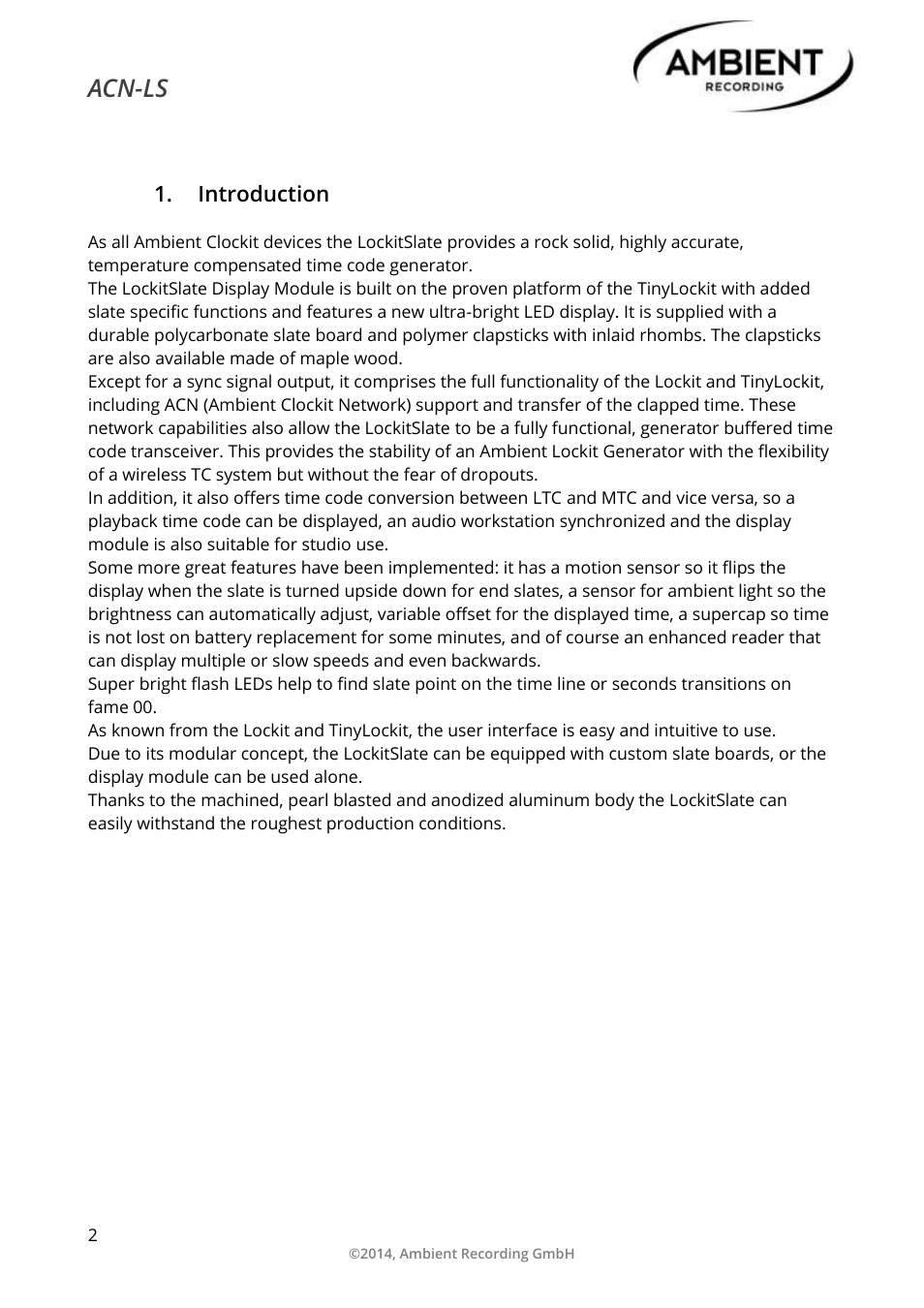 Introduction, Acn-ls | Ambient Lockit Slate, ACN-LS User Manual | Page 4 / 32