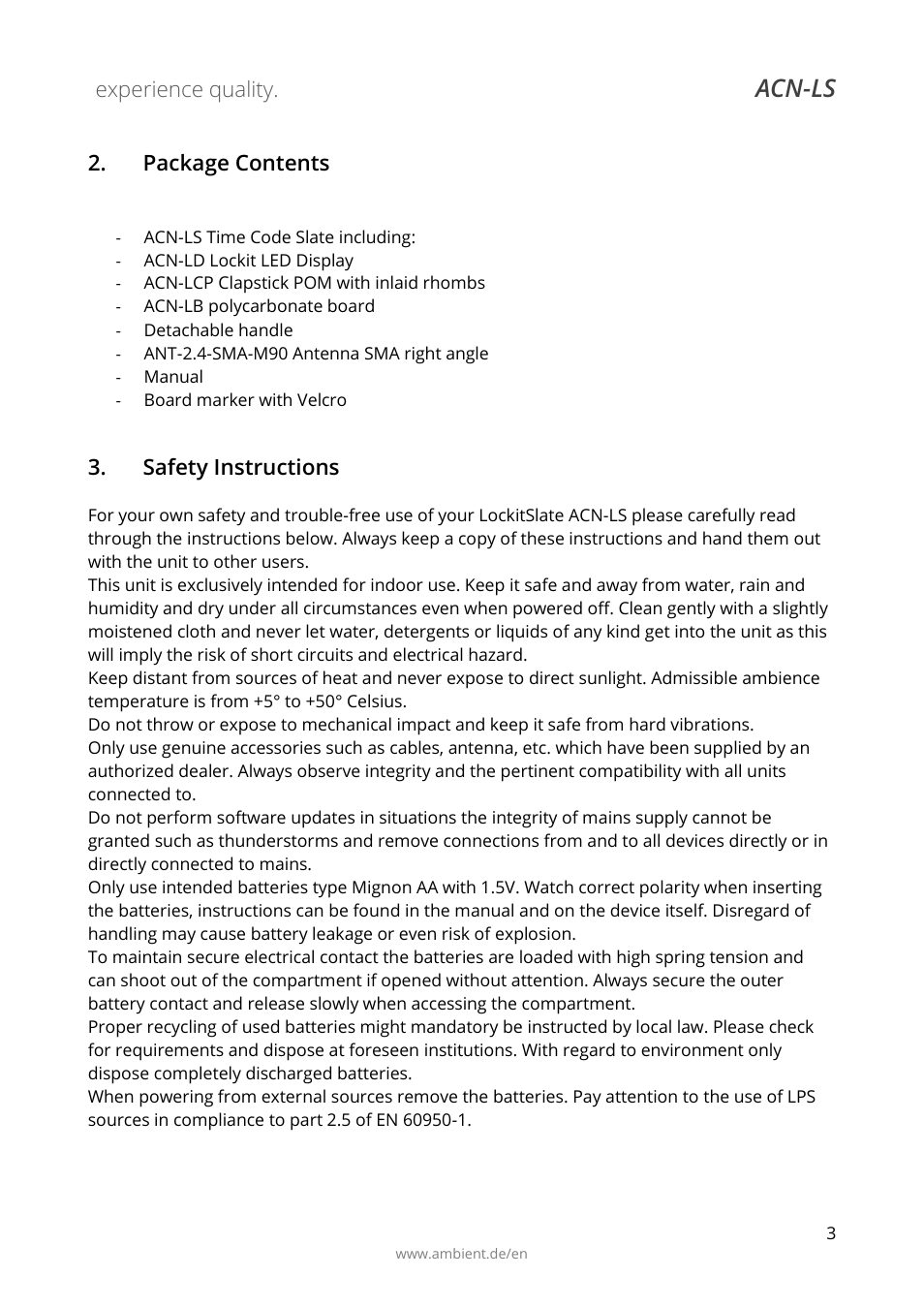 Package contents, Safety instructions, Acn-ls | Ambient Lockit Slate, ACN-LS User Manual | Page 5 / 32